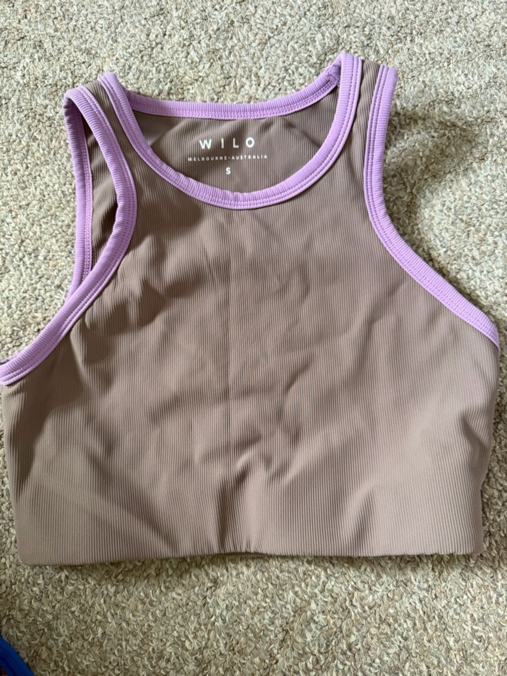 Wilo Taupe Ribbed Crop Sports Bra with Lavender Trim